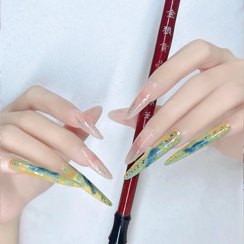 14개(긴 것 4개+짧은 것 10개) 수제 잉크-워시 리티니 네일 세트 행사용 반짝이는 예술적 디자인(인기 있는 키트보다 우수함)