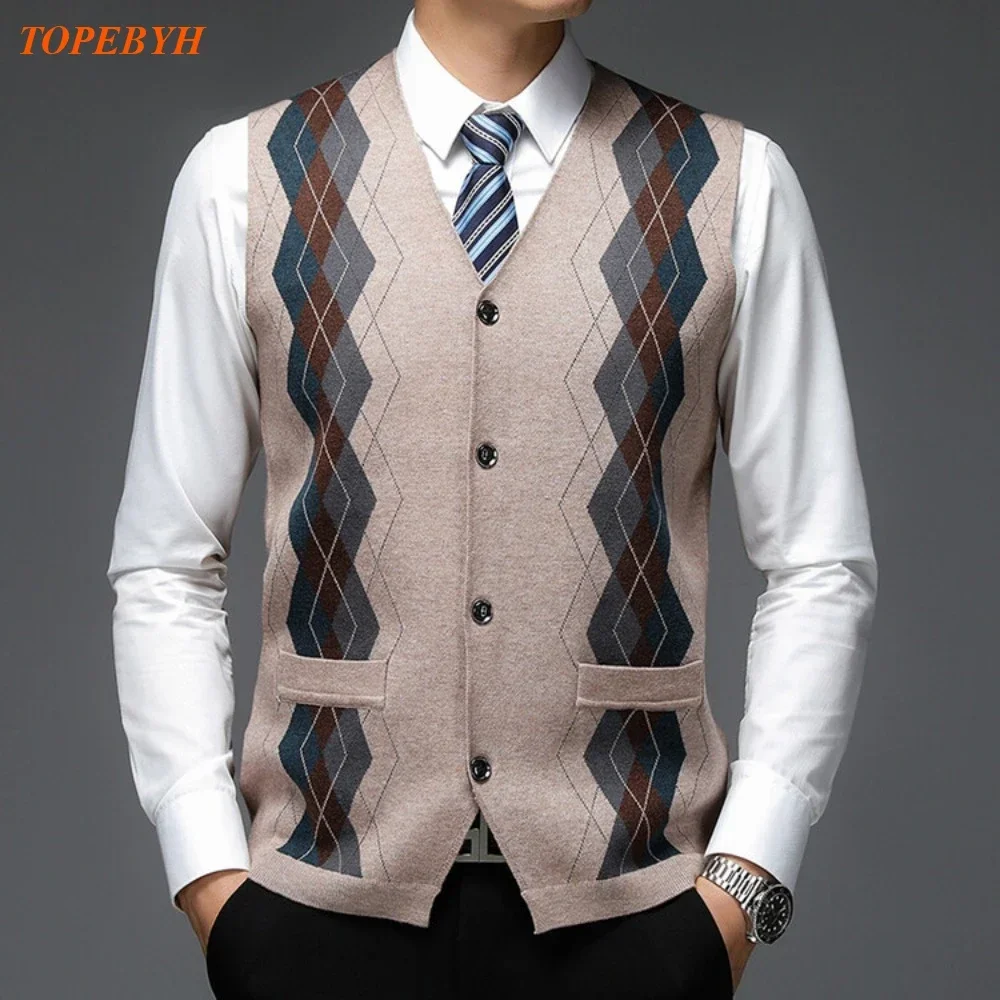 2025 Men\'s Business Casual Pullover Wear Warm Sleeveless Wool Knitted Cardigan Sweater Vest Tops