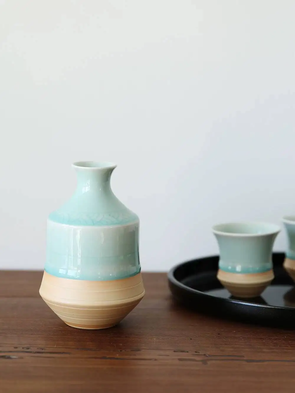 Japanese Ceramic Artist Tsuboi Masaru's Handcrafted Celadon-Patterned Set, One Pot And Two Cups, High-End Wine Utensils