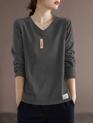 Pure Cotton Long Sleeve Women's T-shirt Autumn Season Versatile Base Layer Top Commute Style Loose Fit Regular Thickness
