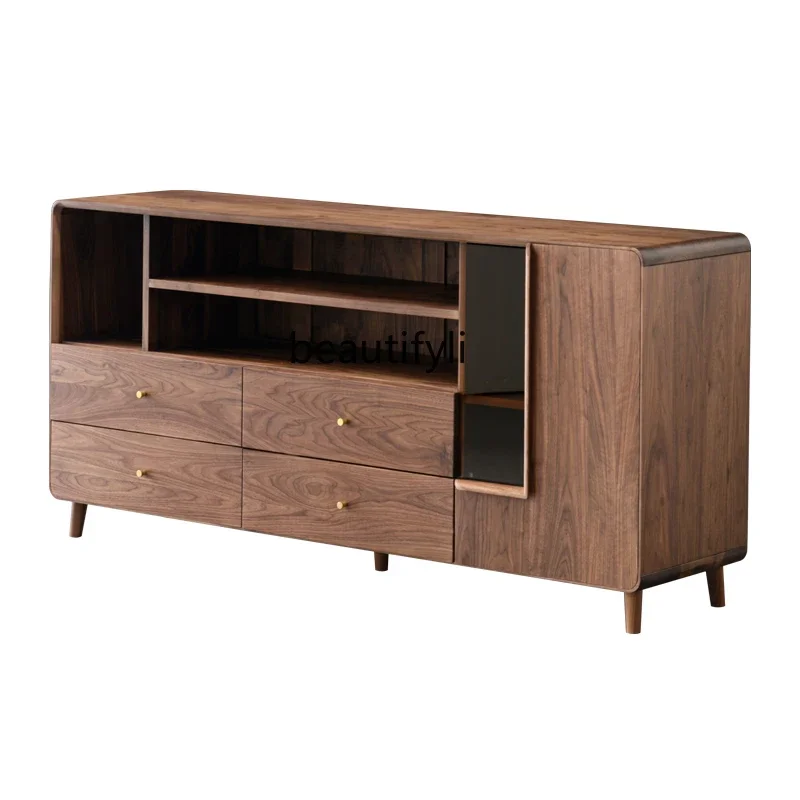 

02Nordic solid wood dining side cabinet black walnut restaurant storage high cabinet light luxury log wine cabinet