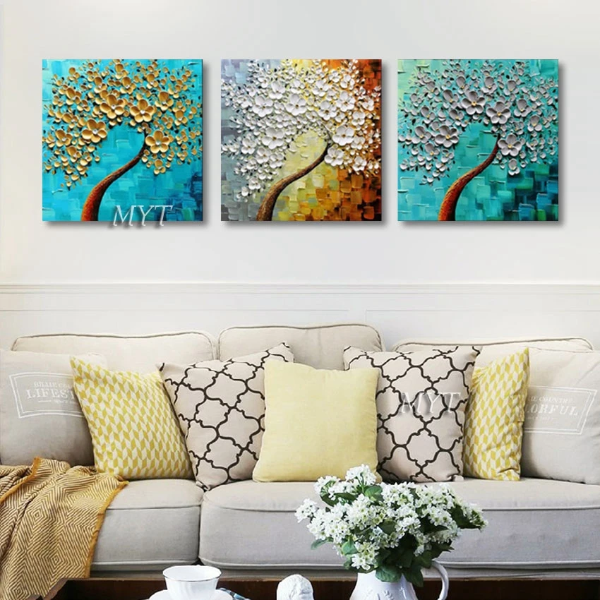 

Palette Knife Canvas Art, 3d Abstract Style Wall Acrylic Artwork, Tree And Flowers, Hand Painting Picture, Unframed, 3PCS