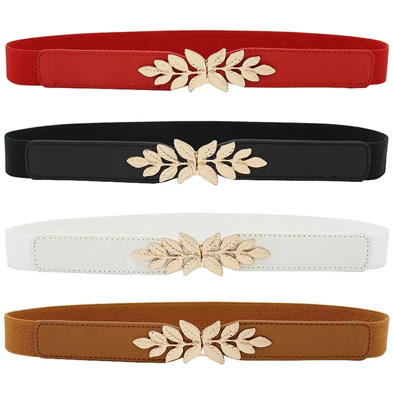 

Black Golden Plated Leaf Buckle Women Dress Waistband Belt 1PC Leaves Buckle Waist Belt Elastic Decorative Stretchy Waistband