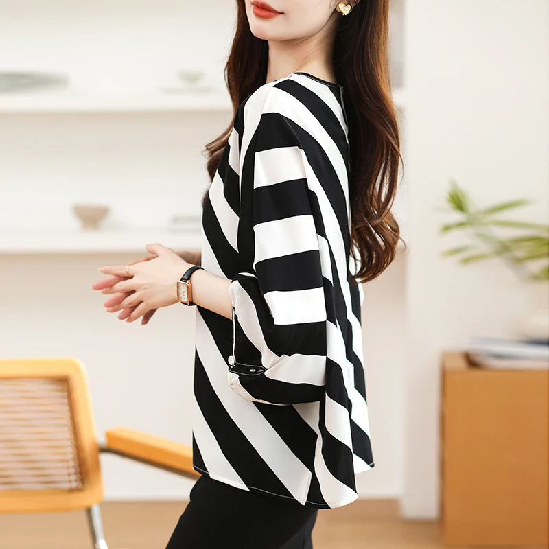 Women Summer Simplicity Striped Loose Office Lady Pullover O-neck 3/4 Sleeve Shirts Women Clothes Casual All-match Elegant Tops