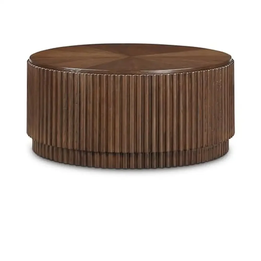 Mid-Century Modern Coffee Table Rich Dark Brown Finish Solid Wood MDF Oak Veneer Fluted Natural Grain Variation 36