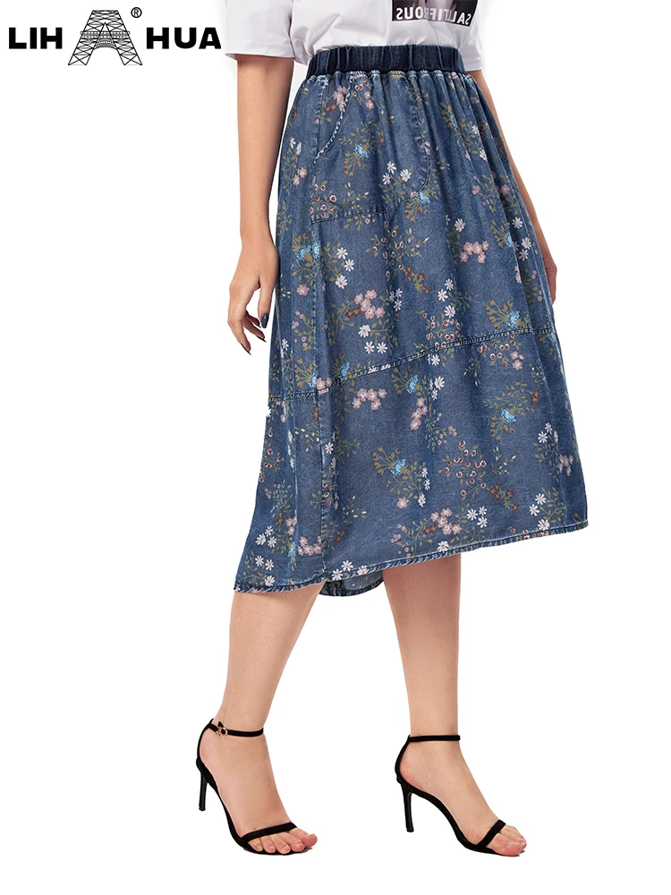 LIH HUA Vrouwen Plus Size Denim Rok Lente Chic Elegante Rok Voor Mollige Vrouwen Katoen Geweven Rok