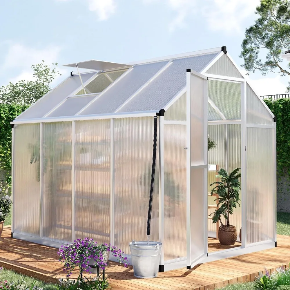 

8x6 FT Polycarbonate Greenhouse，Large Aluminum Frame & PC Panel Garden Plant Hot Green House w/ Roof Vent Swing Door，Greenhouse