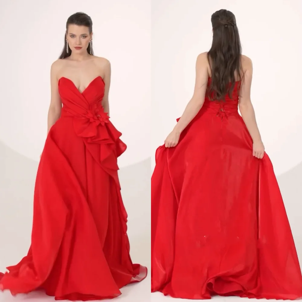 

Jiayigong Sexy Casual Chiffon Flower Draped Pleat Christmas A-line Strapless Bespoke Occasion Gown Long Dresses