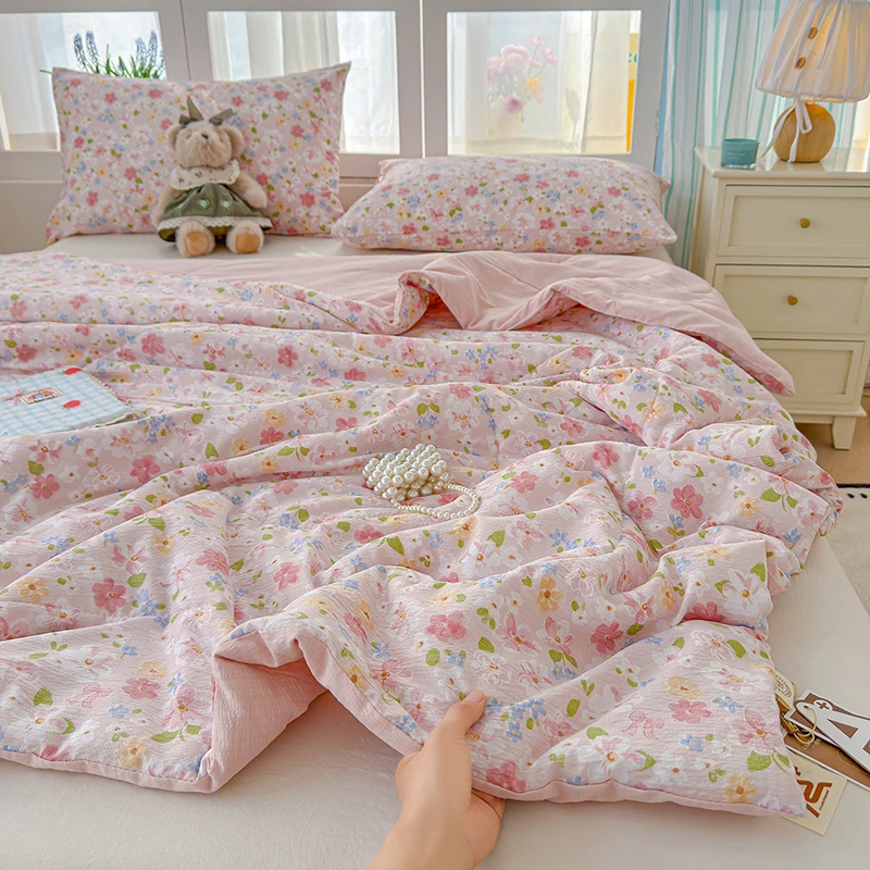 Double-layer Gauze Summer Duvet Single/Queen Size Quilted Bedspread Flower Printed Air Condition Comforter edredones para cama