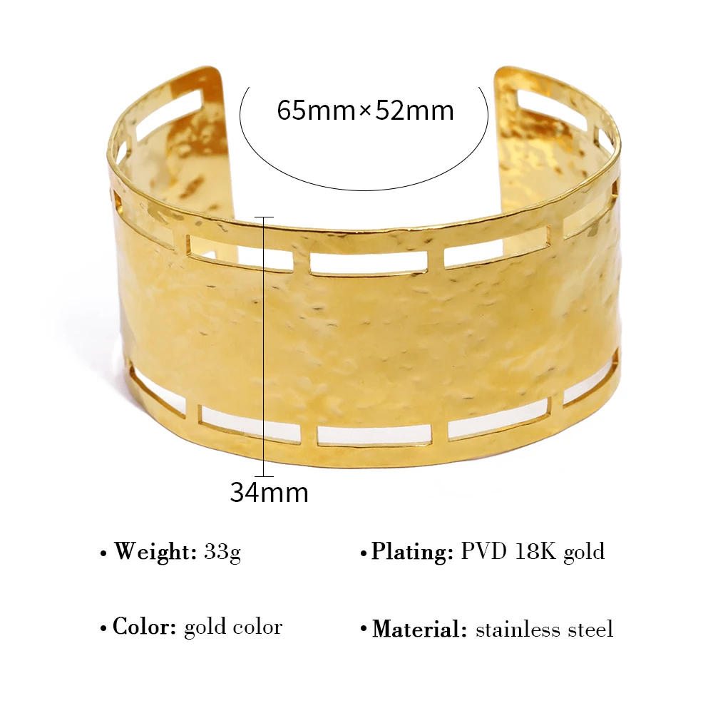 YACHAN 18K Gold Plated Stainless Steel Cuff Bracelet for Women Irregular Hammered Texture Trendy Statement Jewelry