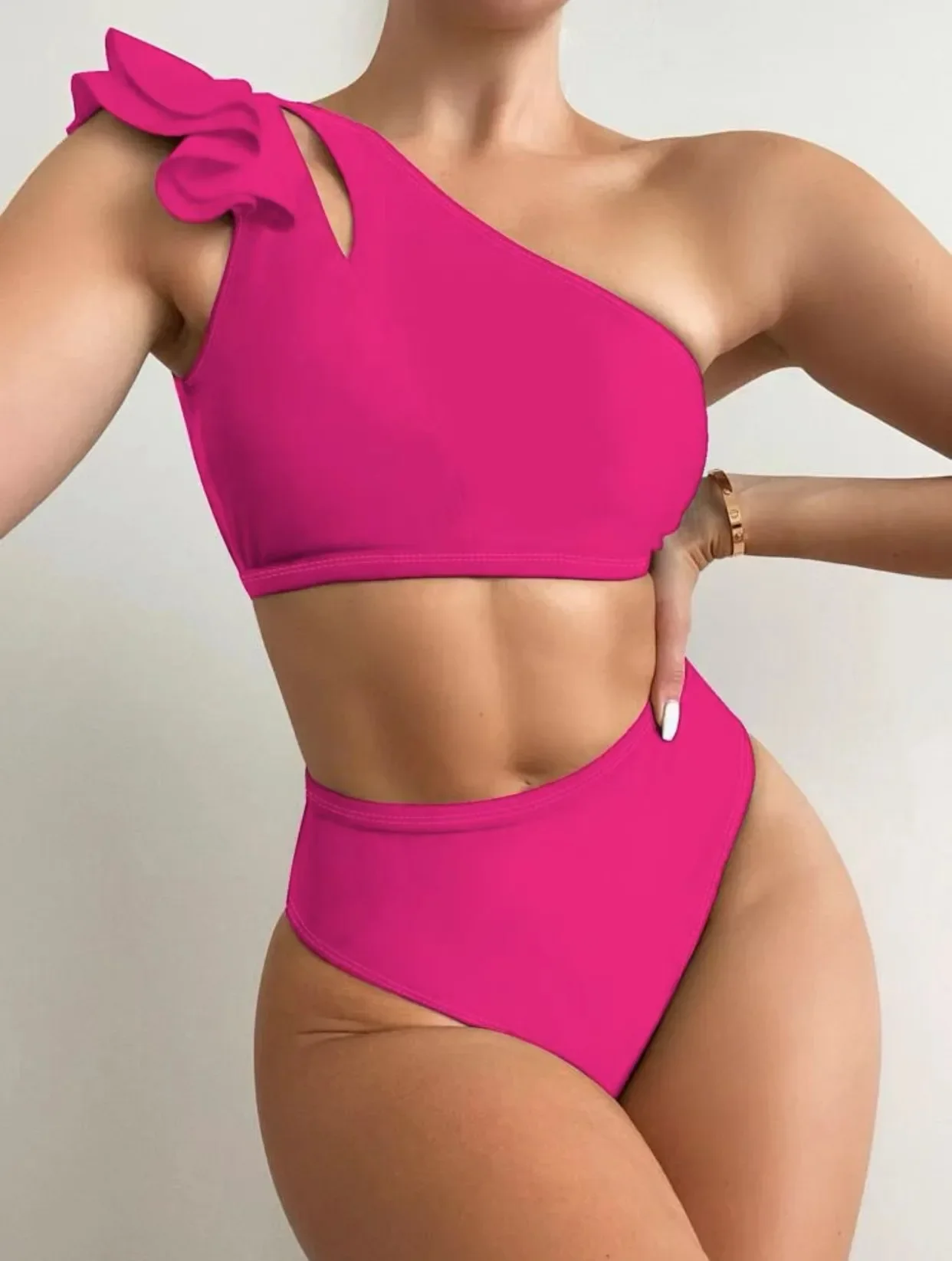 2024 Explosion Solid Color Sexy Split High Waist Shoulder Flash Women Bikini Multi-color Optional Swimsuit Women  Swimming Suit