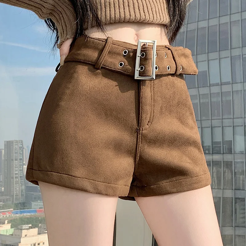 High Waist Casual Shorts for Women Autumn Winter New Style Slim Outerwear Shorts With Belt Fashionable Short Pants