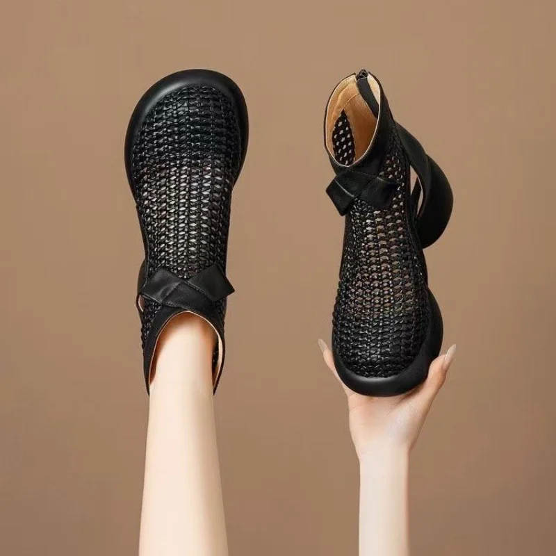 Women's Summer Cut-out Chunky Heel Breathable Sandal Booties, Soft Leather Roman Sandals with Back Zipper,Versatile Casual Shoes