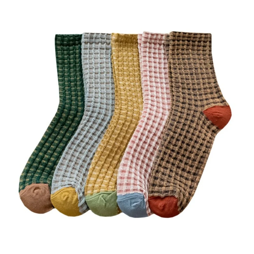 

5Pairs Cozy Patchwork Checkered Cotton Socks Breathable Antiskid Women Tube Sock Plaid Socks Middle Tube Grids Socks Slippers