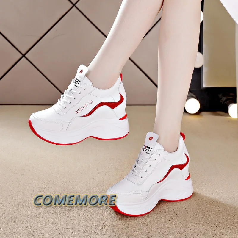 Women's Leather Platform Sneakers Spring White Shoes High Heels Wedge Outdoor Sport Shoes Breathable Round Toe Casual Shoes New