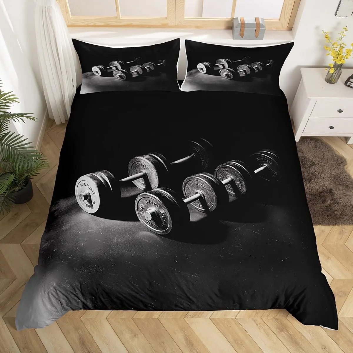 Weightlifting Duvet Cover Set Twin Queen, Barbell Fitness Theme Bedding Set, Gym Equipment Fitness Sports Games Comforter Cover