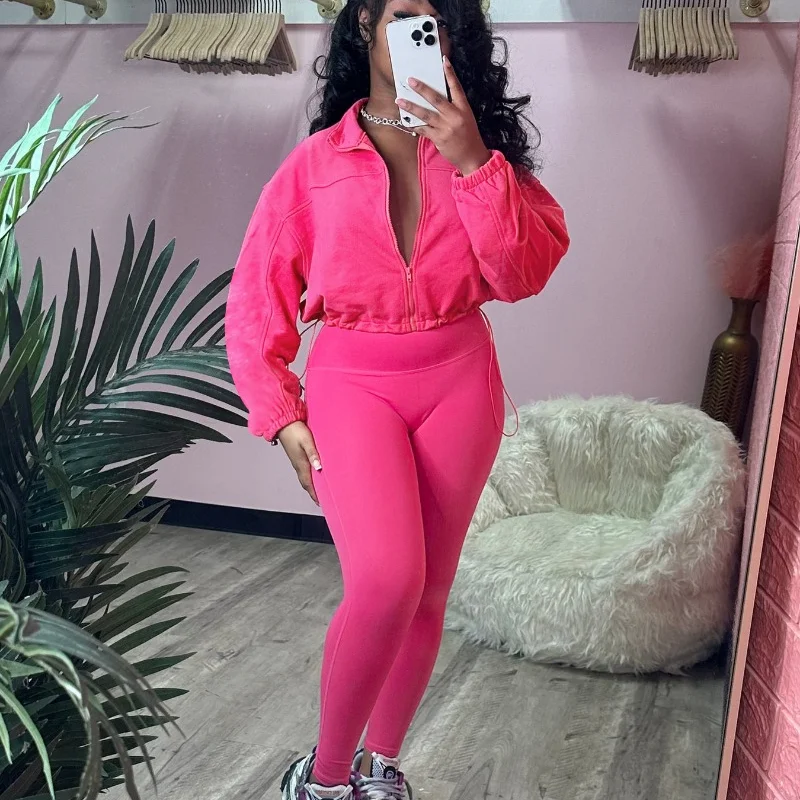 2024 Autumn Women Solid Tracksuits Long Sleeve Zipper Sweatshirts Crop Tops + High Waist Skinny Pants Casual Two Piece Set Suits