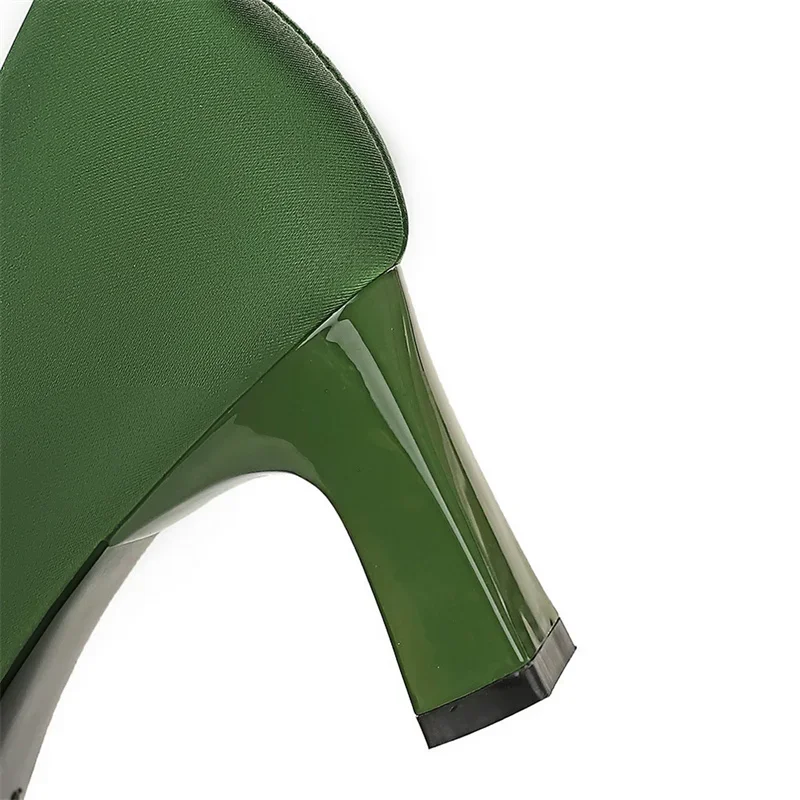 Women 6cm High Heels Pumps Lady Satin Silk Fashion Block Low Heels Wedding Bridal Escarpin Catwalk Green Orange Red Prom Shoes