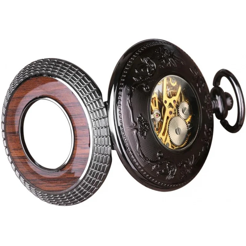 يد رجالية فريدة من نوعها - ساعة جيب ميكانيكية للرياح! تعرض نمط Steampunk عتيقًا مع خشب مميز