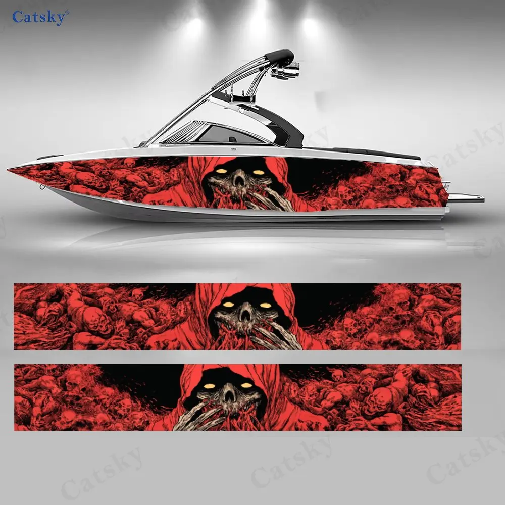 2Pcs Boat Graphic Wrap Sticker, Red & Black Grim Reaper Skull Design, Durable Waterproof Vinyl, Perfect for Wakeboard Boats