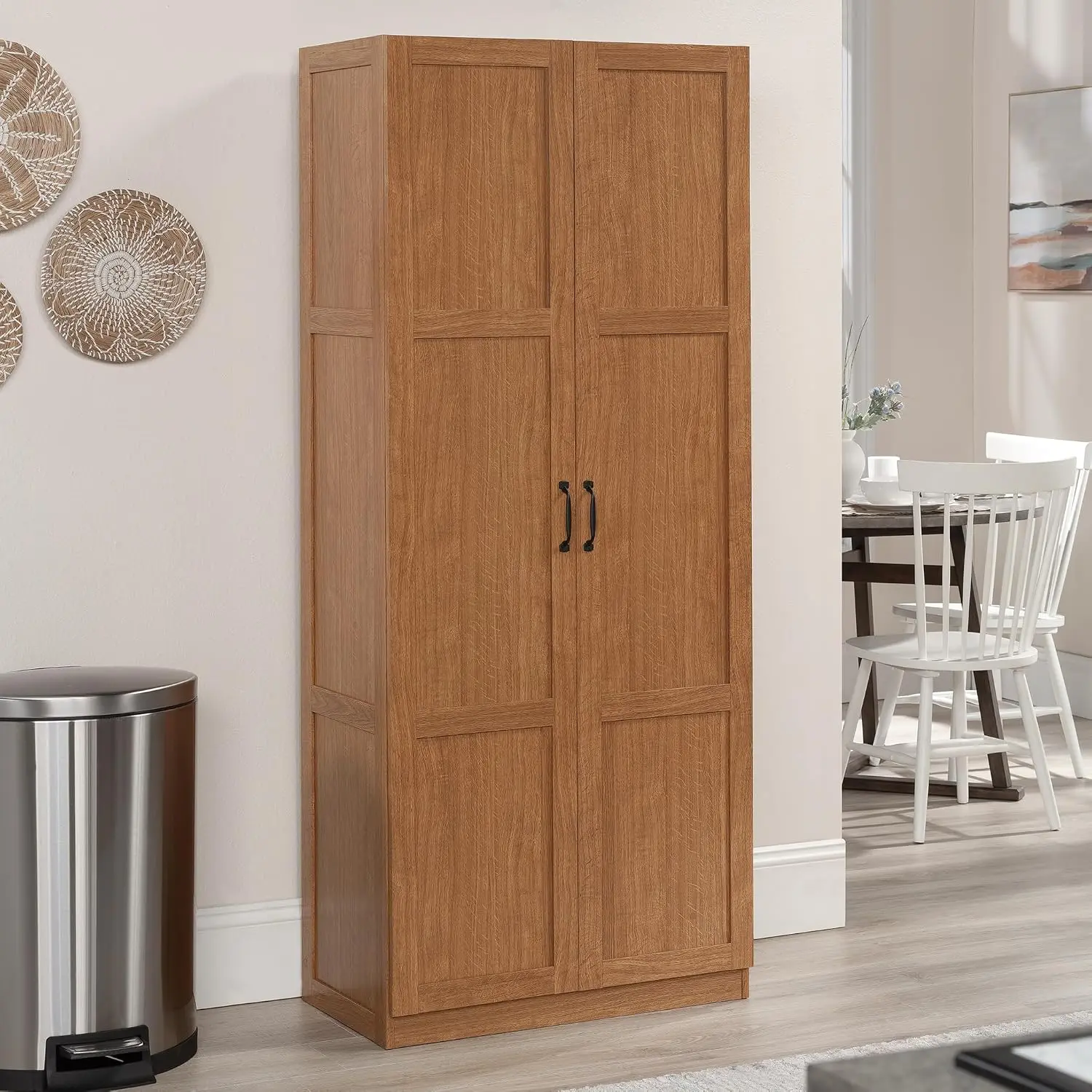Tall Storage Cabinet, Freestanding Kitchen Pantry Storage Organizer Unit With Four Adjustable Shelves, Multi Purpose Utility Furniture For Laundry Room Home Office Garage, Rustic Highland Oak Color view 2