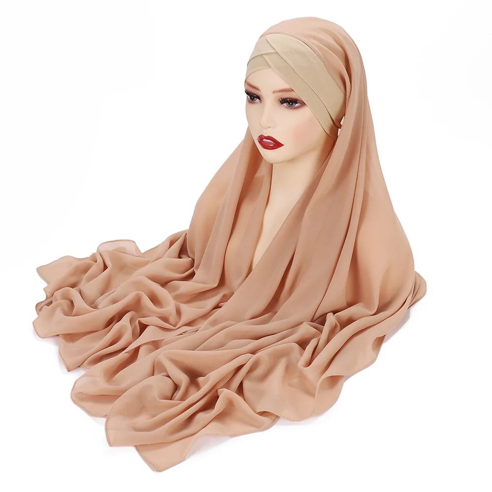 Instant Hijabs Chiffon Hijab Scarf With Cross Jersey Caps Bonnet Brand Design Muslim Scarf Women Islamic Underscarf