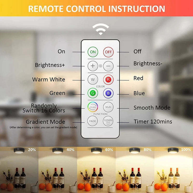 Lumières de rondelle à LED RVB avec télécommande, lumières sans fil, à piles, sous armoire, Cisco, chambre, 16 couleurs