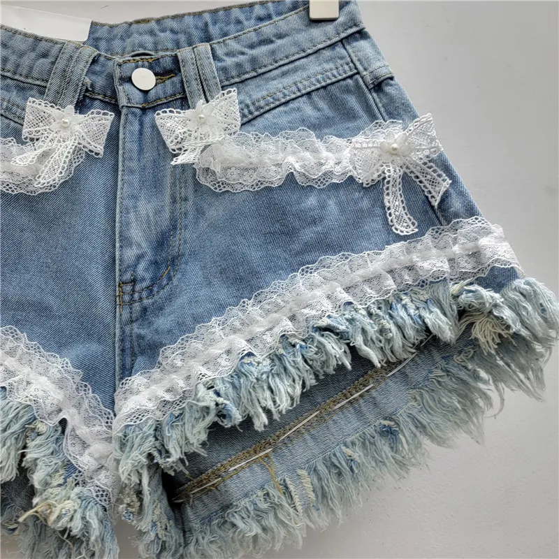 Heavy Industry Flower Lace Fringed Rough Edge Denim Shorts Women's Summer New Street Loose High Waist Thin Wide Leg Hot Pants