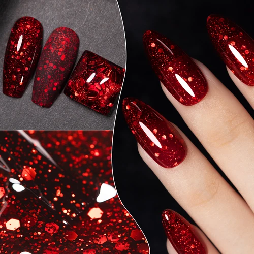Imagen 2 del producto Esmalte de uñas de Gel con purpurina roja, 7,5 ml, cristal semipermanente, barniz de Gel UV para decoración de uñas, Base de manicura, capa superior mate Vernis