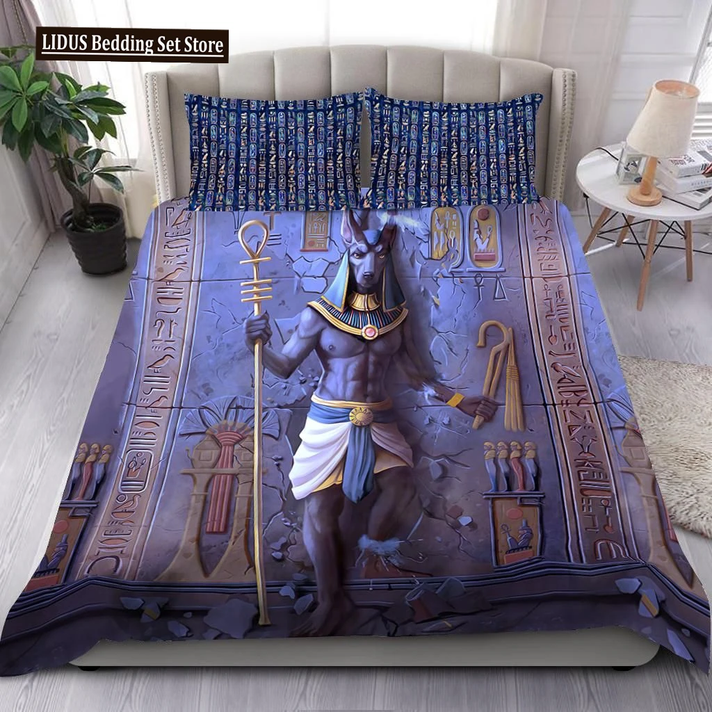 

Ancient Egypt Anubis Duvet Cover Set Egyptian Symbol Culture Bedding Sets Vintage Pharaoh Pyramid Boho Tribal Quilt Cover Queen