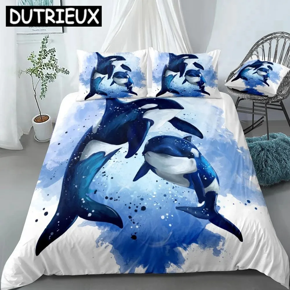 

Killer Whales Duvet Cover Set Blue Ocean Bedding Kids Boys Girls Watercolor Animal Quilt Cover White Queen Cartoon Dropship