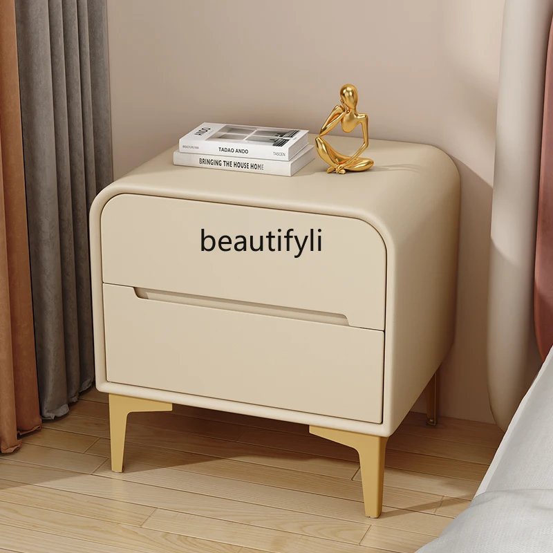 Cream Style Household Stone Plate Bedside Table Leather Pole Bedroom Bedside Storage Locker