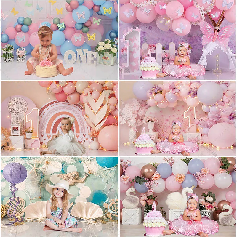 

Girl Baby One Year Birthday Portrait Photography Background Pink Balloons Indoor Scene Background Props