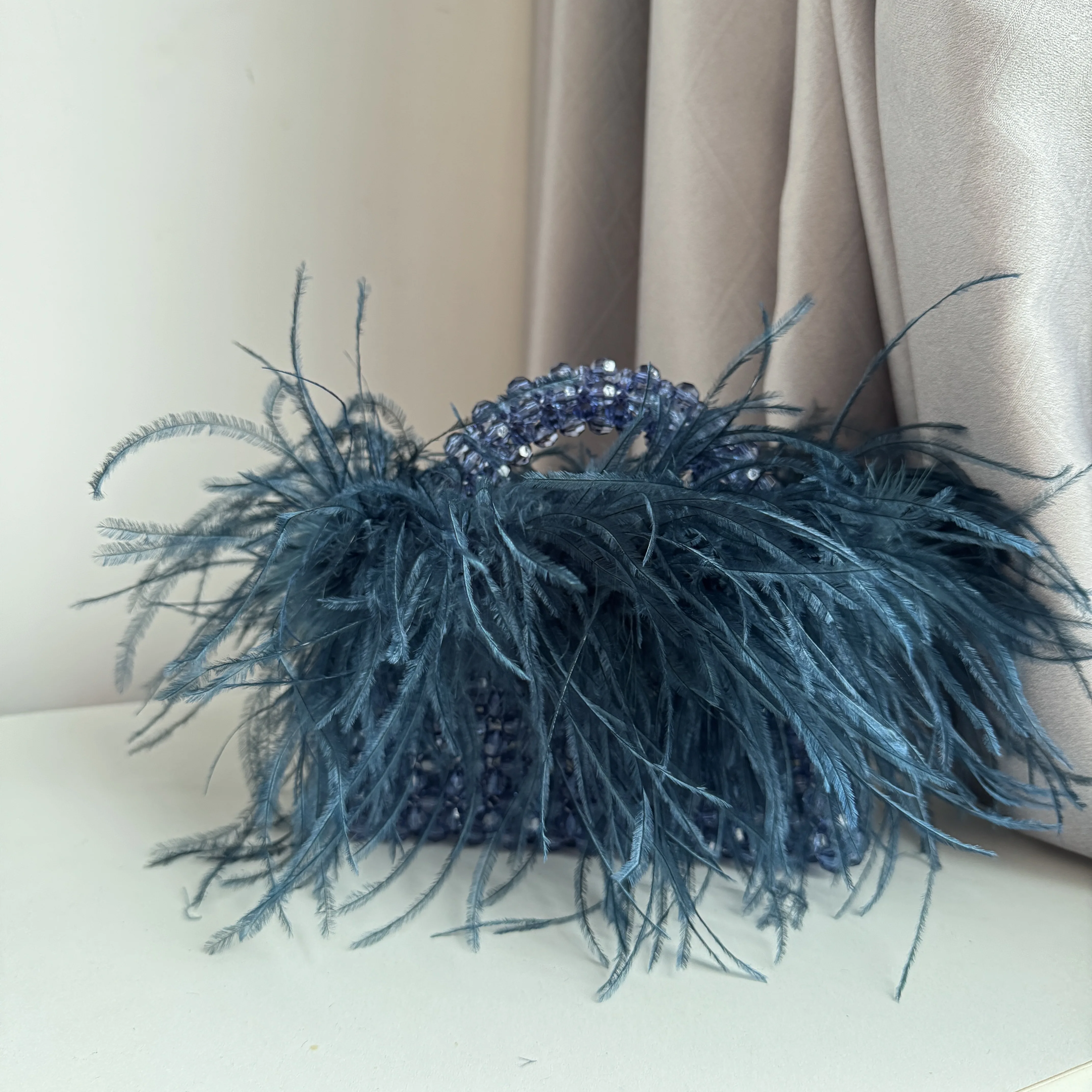 Pearl Bead Bag With Feather Fur Designer Brand Clear Acrylic Crystal Stone Box Tote Handbag Women Handmade Party Purse image 3