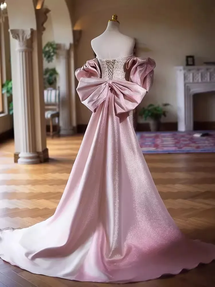 Personalizado imagem real de luxo vestidos de noite femininos com arco trem sem alças uma linha longo vestido de festa de casamento baile de formatura pageant wear