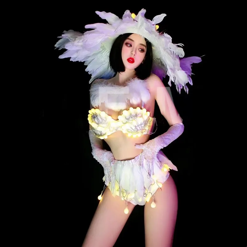 LED Dance Costume White Feather Luminous Bikini Big Hat Leading Dancer Bar Nightclub Performance Clothes Festival Party Outfits