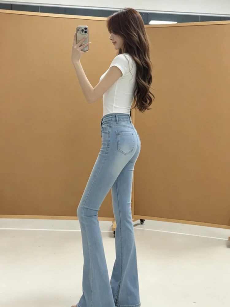 

High Waist Stretchy Denim Jeans Women's Spring Summer Slim Fit Comfortable Breathable Micro Flared Blue Jeans High Elasticity