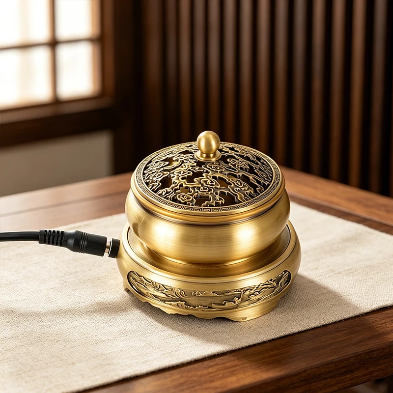Electric Brass Incense Burner Adjustable Temp and Timer Bakhoor Burner for Frankincense Resin, Incense Powder, Essential Oils