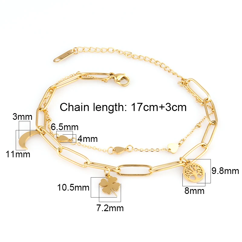 316L Stainless Steel Clover Bracelet For Women Bohemian Moon Double Layer Chain Bracelets Jewelry Gift