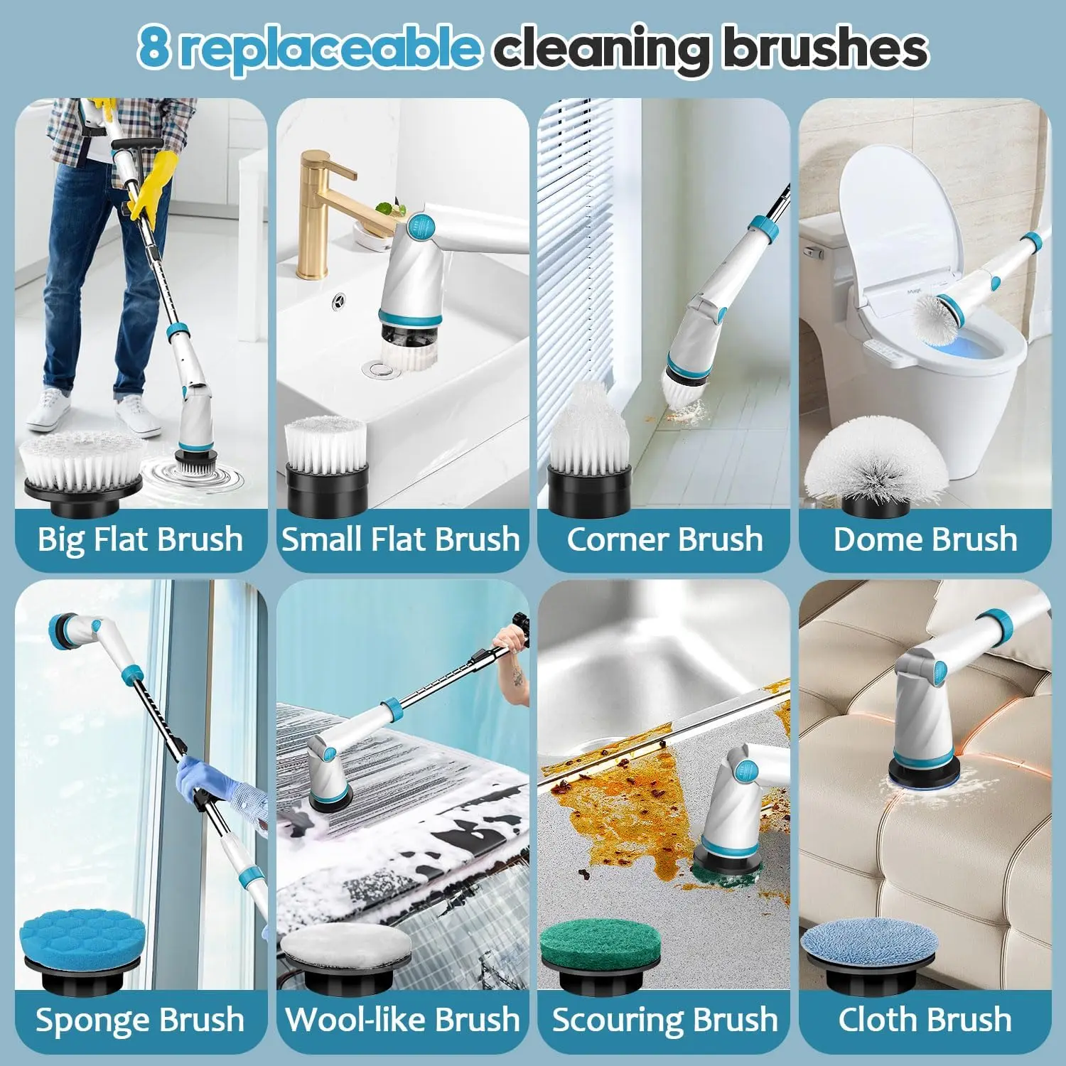 Spin Scrubber, 8 Brush Heads Electric Scrubber for Cleaning, Shower Scrubber with Long Handle and Two Battery,