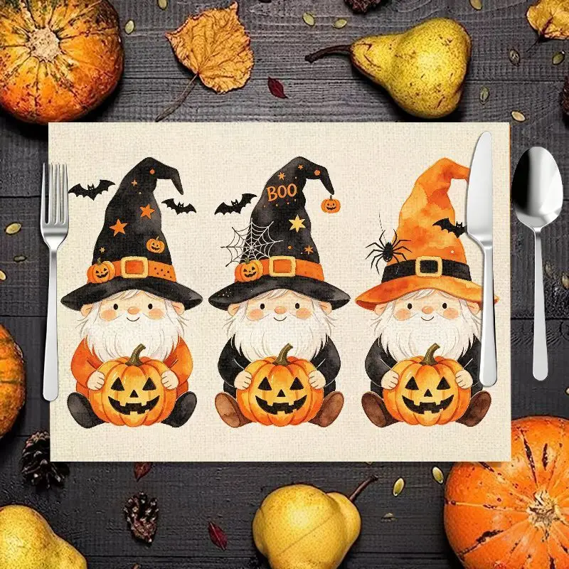 VIKAMA 2/4/6pcs Halloween Table Mat, Skeleton Goblin Pumpkin Bat Spider Web Table Mat, Antique Style Table Decoration