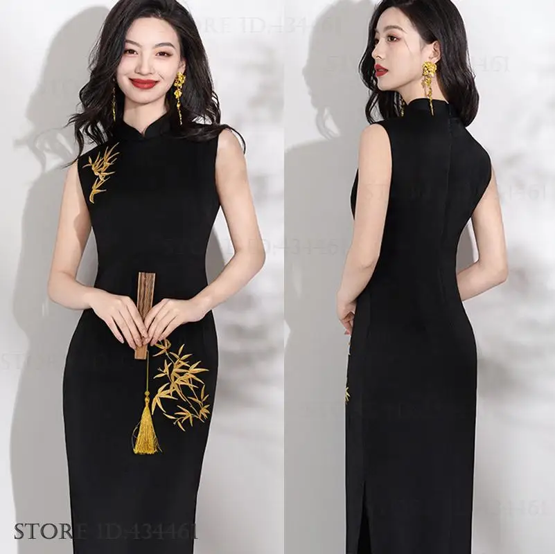 

Новое женское платье Ципао в китайском стиле, классическое платье Cheongsam с вышивкой бамбукового листа, традиционное платье ханьфу, сексуальное тонкое платье, Vestidos