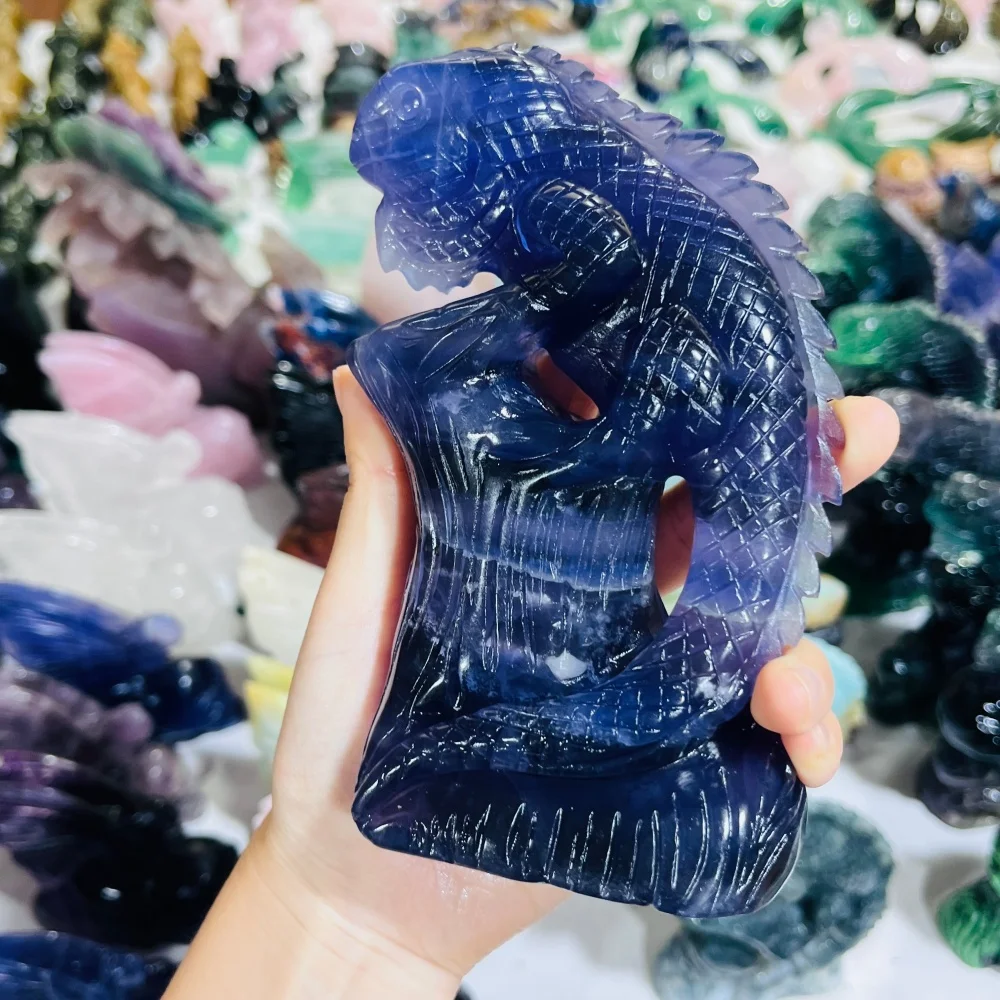 Hand Carved Natural Fluorite Lizard Crystal Statue - Unique Home Decor Collectible Gift - Crystal Sculpture