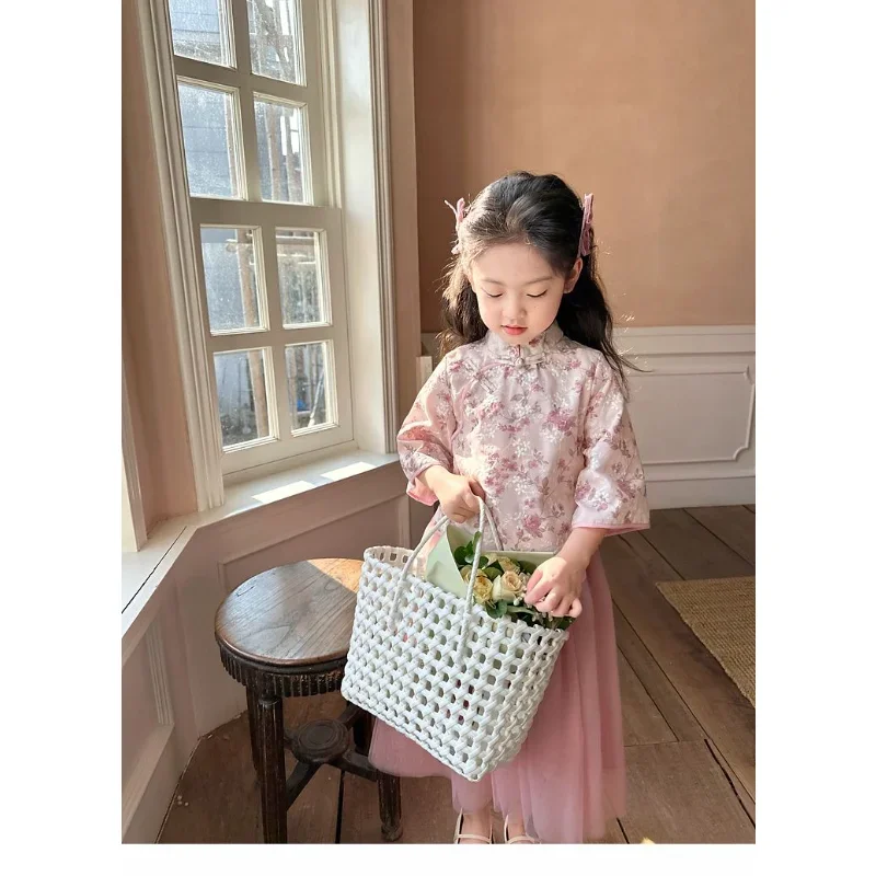 Chinese Style Stand Collar Flower Printed Long Sleeve Top Lace Skirt Tang Suit 2pcs Girls Autumn Kawaii Flower Children Costumes