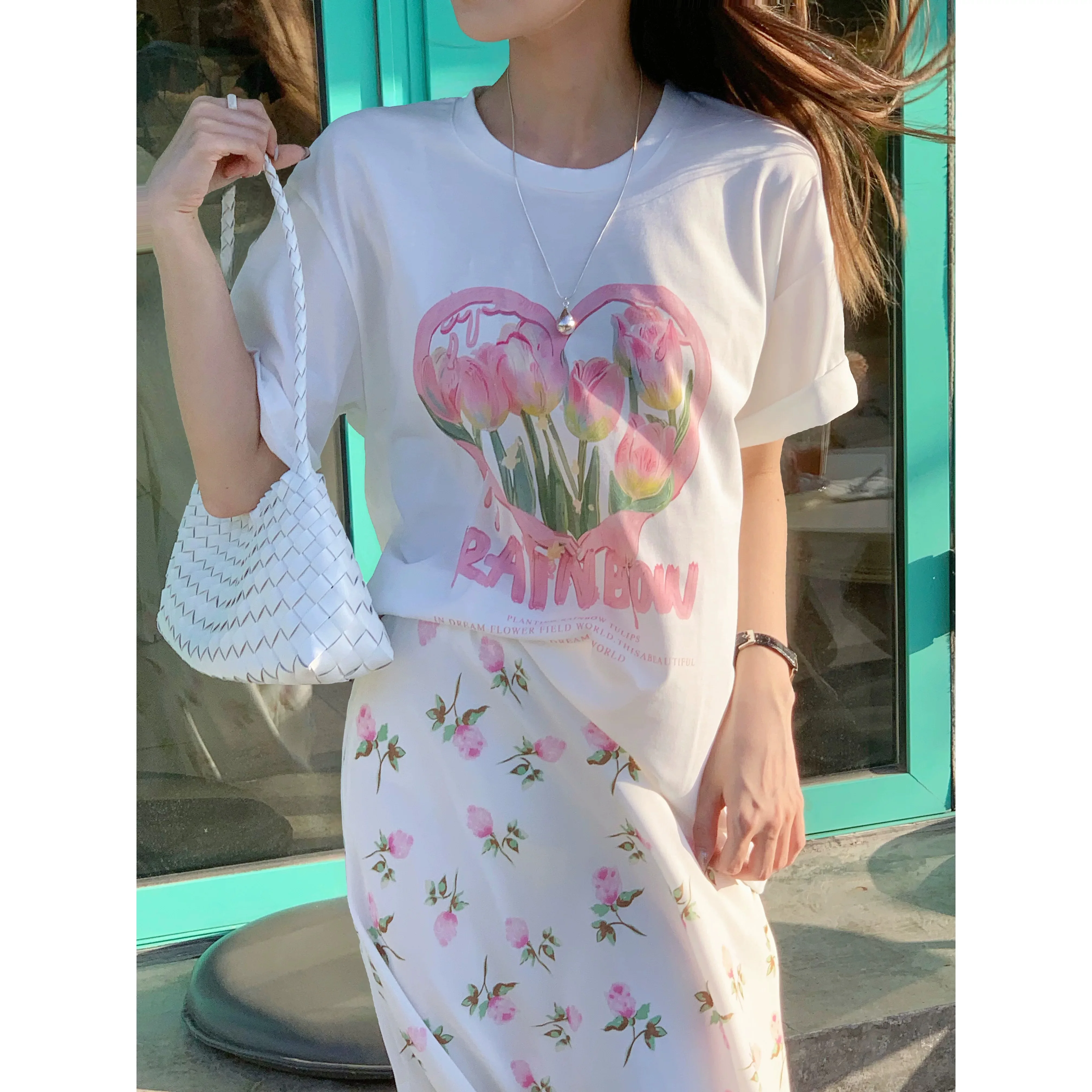 Koreanischer Stil, lockeres, lässiges, kurzärmliges T-Shirt mit Aufdruck für Damen im Sommer