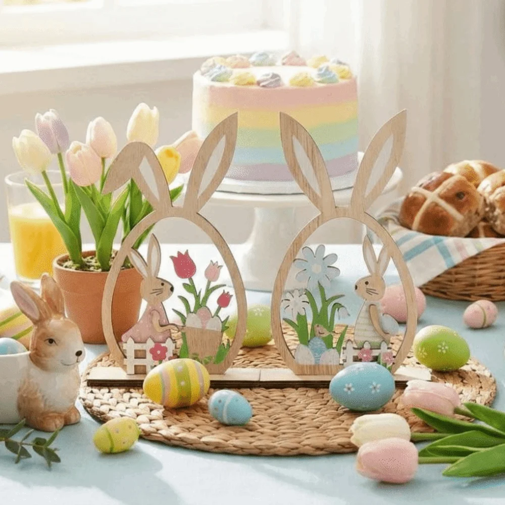 

2Pcs Hand-Painted Easter Bunny Ornament Flower Farmhouse Rustic Easter Table Decor DIY Wooden Easter Rabbit Spring Festival