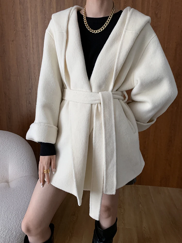 Beige Belted Big Size Warm Woolen Coat New Hooded Long Sleeve Women Jacket Fashion Tide Autumn Winter