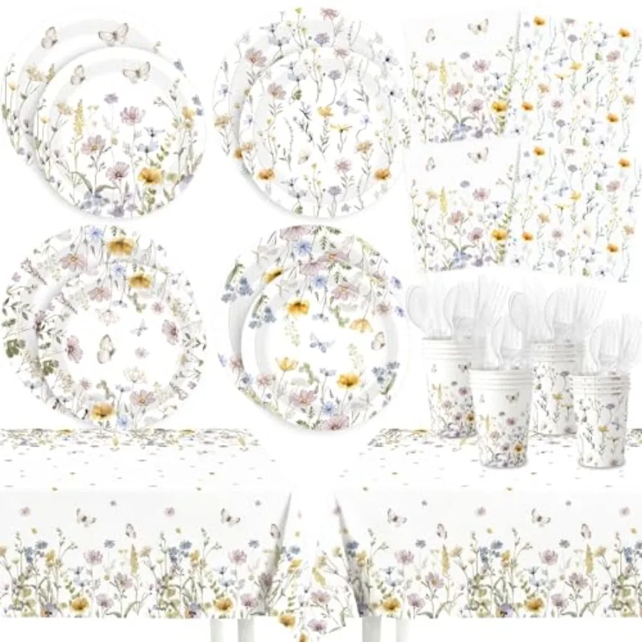 

390 Pcs Wildflower Party Decorations for 48 Guests Spring Floral Paper Plates Napkins Cups Tablecloth Cutlery Disposable Tablew
