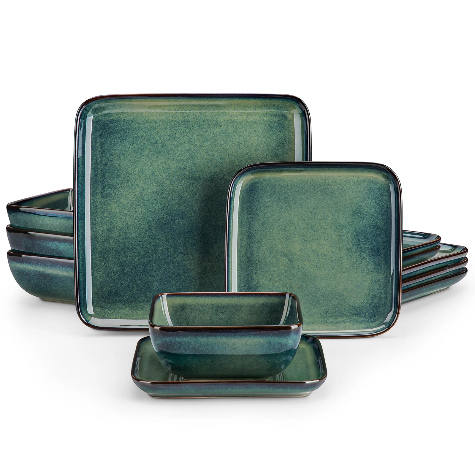 Vancasso 12/24/36 Piece Ceramic Dinner Sets Square Green Reactive Glaze Tableware Set with 4/8/12pcs Dinner Plate/Dessert/Bowl