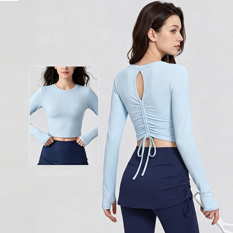 Yoga Clothes for Women Drawstring Pleats Slim Waist Fitness Clothes with Built-in Chest Pads Running Sports Long-sleeved Pilates